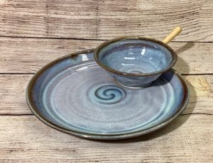 plate with spreader knife and attached bowl in Mist by Salvaterra Pottery
